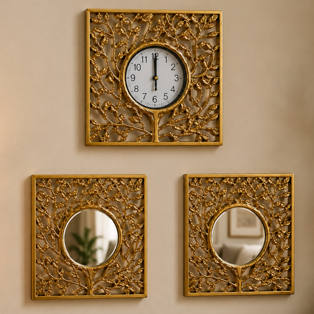 Set Decorativo con Reloj y Espejos Dorados